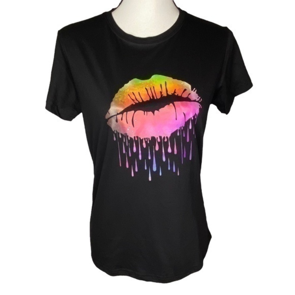 SHEIN Top Lips Graphic Black Short Sleeve Tee Shirt Top Size Medium